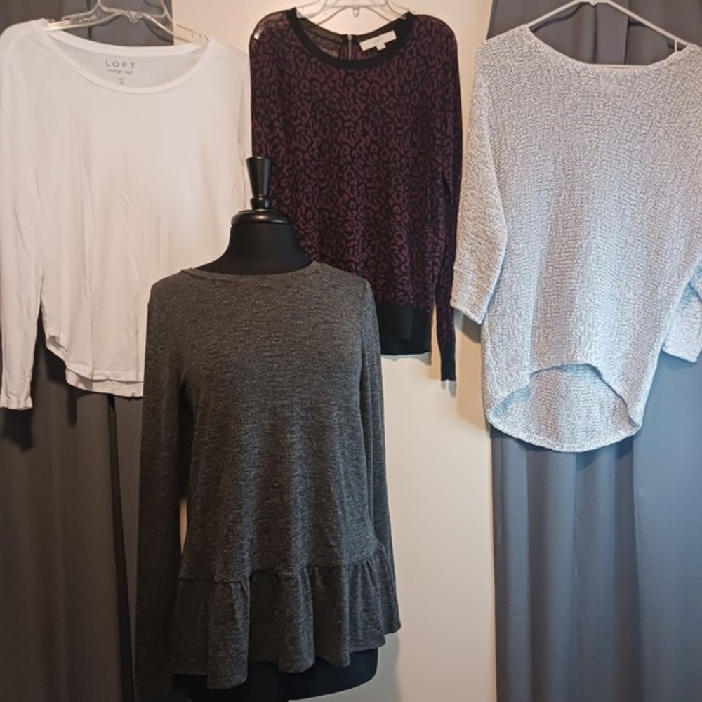 4 LOFT Long sleeve Tops M Grey Peplum Purple Leopard‎ Knit Vintage Soft White